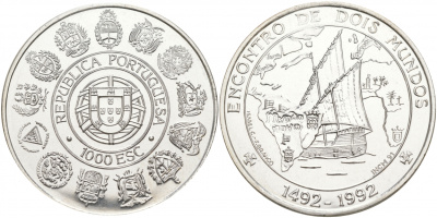 Португалия 1000 эскудо 1992 500 летие открытия Америки (1492-1992), встреча двух миров KM 657 серебро UNC 1081-6-24