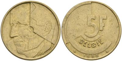 БЕЛЬГИЯ 5 ФРАНКОВ 1986 BELGIE KM 164 латунь или алюминиевая бронза 68-1153