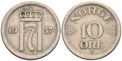 Норвегия 10 эре 1957 Хокон VII (1905-1957) KM 396 медно-никель 4594-428