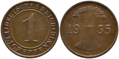 Германия 1 рейхспфенниг 1935 A KM 37, J. 313 бронза 179-662