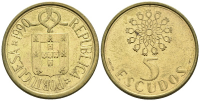 Португалия 5 эскудо 1990 KM 632 никель латунь 4148-451