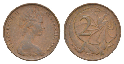 Австралия 2 цента 1966 Елизавета II (1952-2022), плащеносная ящерица KM 63 бронза 4655-1228