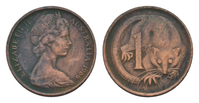 Австралия 1 цент 1966 Елизавета II (1952-2022), молодой портрет, опоссум KM 62 бронза 4655-1162