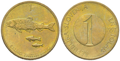 Словения 1 толар 1997 рыбы KM 4 латунь 206-326