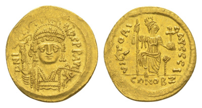 Византийская Империя солид 565-578 Юстин II, DN IVSTINVS PP AVI, бюст императора анфас/VICTORIA AVGGGI, персонификация Константинополя со скипетром и державой, Константинополь, 4,47 гр Sear 345 золото 00-801-98