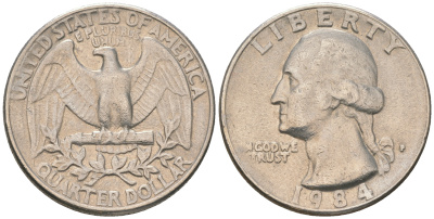 США 25 центов (квотер) 1984 P, Вашингтон KM A164a медь плакированная медно-никелем 4175-417