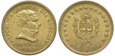 Уругвай 10 песо 1965 KM 48 алюминиевая бронза 4572-545