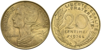 Франция 20 сантимов 1974 тип Morlon KM 930 медь алюминий никель 4575-156