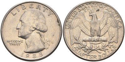 США 25 центов = квотер 1988 D, Вашингтон KM A164a медь плакированная медно-никелем 4584-1245