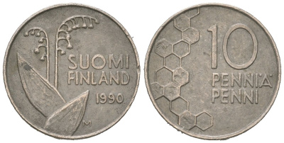 Финляндия 10 пенни 1990 M KM 65 медно-никель 218-1117