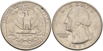 США 25 центов (квотер) 1977 Вашингтон KM A164a медь плакированная медно-никелем 4114-816