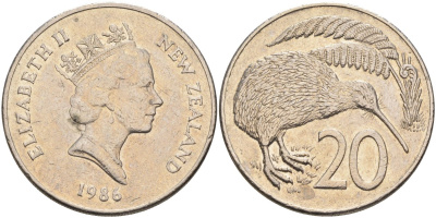 Новая Зеландия 20 центов 1986 Елизавета II (1952-2022), птичка киви KM 62 медно-никель 4131-1144