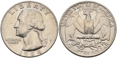 США 25 центов (квотер) 1984 P, Вашингтон KM A164a медь плакированная медно-никелем 4584-1217