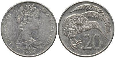 Новая Зеландия 20 центов 1984 Елизавета II (1952-2022), птичка киви KM 36.1 медно-никель 81-625