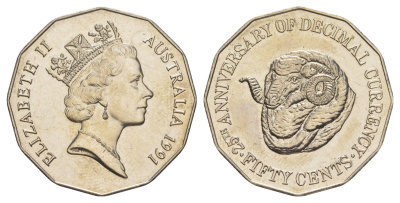 Австралия 50 центов 1991 25 лет переходу на десятичную систему национальной валюты KM 139 медно-никель UNC 38-824