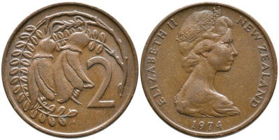 Новая Зеландия 2 цента 1974 Елизавета II (1952-2022), два цветка кохаи KM 32.1 бронза 3336-812