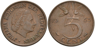 НИДЕРЛАНДЫ 5 ЦЕНТОВ 1963 ЮЛИАНА (1949-1980) КМ 181 бронза 4573-355