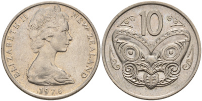 Новая Зеландия 10 центов 1976 Елизавета II (1952-2022), маска маори KM 41.1 медно-никель 4603-252
