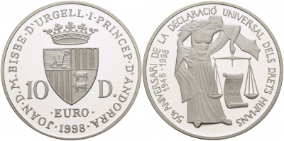 Андорра 10 динеров 1998 50 лет подписанию декларации по правам человека KM 143 серебро PROOF 11-224-35