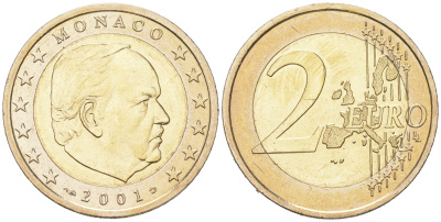 Монако 2 евро 2001 принц Ренье III KM 174 биметалл  UNC  3-4-11-14