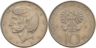 Польша 10 злотых 1976 Адам Мицкевич Y 74 медно-никель 4141-415