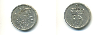 Норвегия 10 эре 1968 пчела, Улаф V (1958-1991) KM 411 медно-никельь 80-854