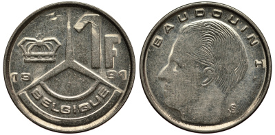БЕЛЬГИЯ 1 ФРАНК 1991 БОДУЭН KM 188 железо плакированное никелем XF- 4181-327