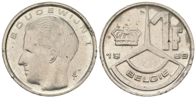 Бельгия 1 франк 1989 Belgique, Бодуэн I (1951-1993) KM 170 железо плакированное никелем 4532-659