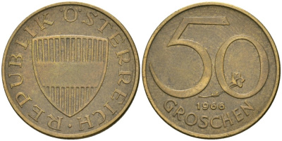 Австрия 50 грошей 1966 KM 2885 алюминиевая бронза 4576-1033
