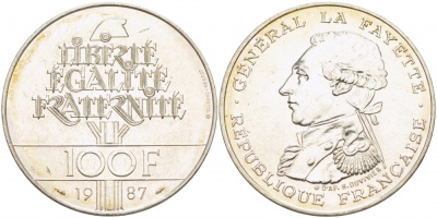 Франция 100 франков 1987 230 лет со дня рождения генерала Лафайета KM 962 серебро UNC 1074-6-61