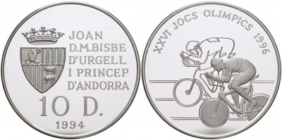 Андорра 10 динеров 1994 XXVI Олимпийские игры 1996 года велоспорт KM 95 серебро PROOF 11-268-35