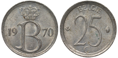 Бельгия 25 сантимов 1970 Belgie, Бодуэн I (1951-1993) KM 154.1 медно-никель 4124-541
