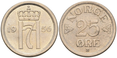 Норвегия 25 эре 1956 Хокон VII (1905-1957) KM 401 медно-никель UNC 4580-1025