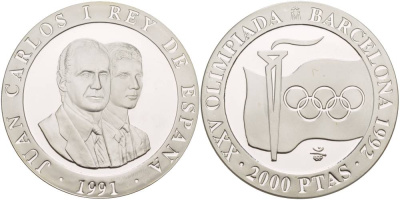 Испания 2000 песет 1991 XXV летние Олимпийские игры 1992 года в Барселоне, флаг, олимпийский огонь KM 887 серебро PROOF 1088-10-51