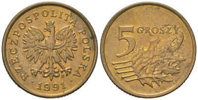 Польша 5 грошей 1991 KM 278 латунь UNC 4549-653