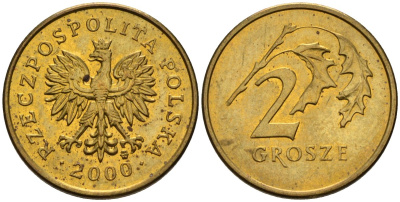 Польша 2 гроша 2000 MW KM 277, Parchimowicz 702g латунь 4580-522
