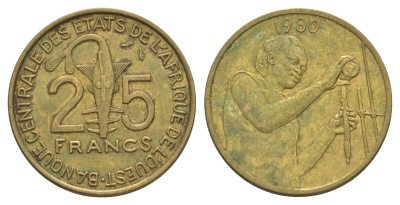 Западная Африка (BCEAO) 25 франков 1980 Центральный банк государств Западной Африки KM 9 алюминиевая бронза 4642-255