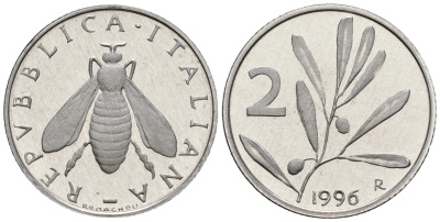 Италия 2 лиры 1996 R, оливковая ветвь, пчела KM 94 алюминий PROOF 1099-3-52