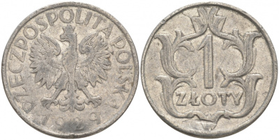 ПОЛЬША 1 ЗЛОТЫЙ 1929 w, ИМИТАЦИЯ, НЕ МАГНИТНАЯ KM 14 никель 68-412