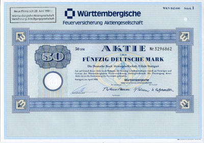 ФРГ 50 марок 1988 Акционерное общество по страхованию от пожаров Вюртемберга, акция   бумага   8803-100-1