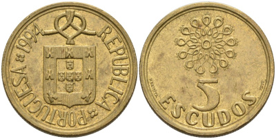 Португалия 5 эскудо 1994 KM 632 никель латунь 4573-957