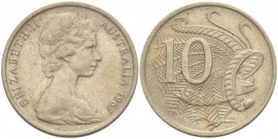 Австралия 10 центов 1967 Елизавета II (1952-), птица лирахвост KM 65 медно-никель 3457-635