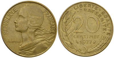 Франция 20 сантимов 1977 тип Marianne KM 930 алюминиевая бронза 4393-316