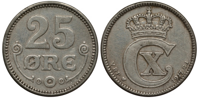 ДАНИЯ 25 ЭРЕ 1917 VBP; GJ, КРИСТИАН X (1912-1947) KM 815.1 серебро 100-735