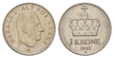 Норвегия 1 крона 1992 Харальд V (1992-) KM 436 медно-никель 4624-1151