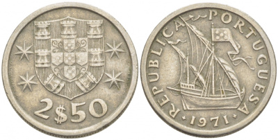 ПОРТУГАЛИЯ 2,5 ЭСКУДО 1971 ПАРУСНИК KM 590 медно-никель 3718-315
