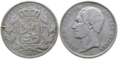 Бельгия 5 франков 1865 Леопольд I (1831-1865) KM 17 серебро 00-1067-5-63