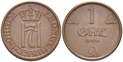 НОРВЕГИЯ 1 ЭРЕ 1951 ХОКОН VII (1905-1957) KM 367 бронза 116-1067
