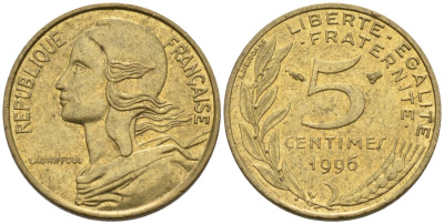 ФРАНЦИЯ 5 САНТИМОВ 1996 ТИП MARIANNE KM 933, LE FRANC 125.39 медь алюминий никель 4567-761