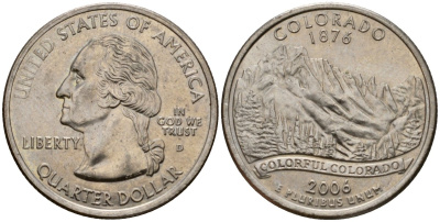 США 25 центов (квотер) 2006 D, серия штаты США, Колорадо KM 384 медь плакированная медно-никелем 4603-1157